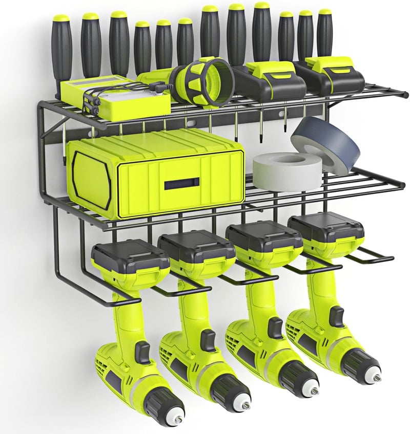 SUNALLY Store Power Tool Organizer Wall Mounted, Drill Holder, Organizers and Storage Rack for Garage Organization, Cordless 3 Layers Floating Shelf with 4 Holders - Image 1
